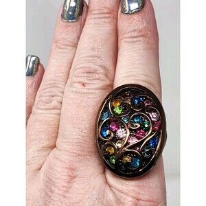 Vintage Copper Tone Filigree Scroll Stretch Ring Multicolor Rhinestones Cocktail